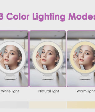 Draagbare Make-up Spiegel met 10x Vergroting, 3 Kleuren LED Licht en Zuignap