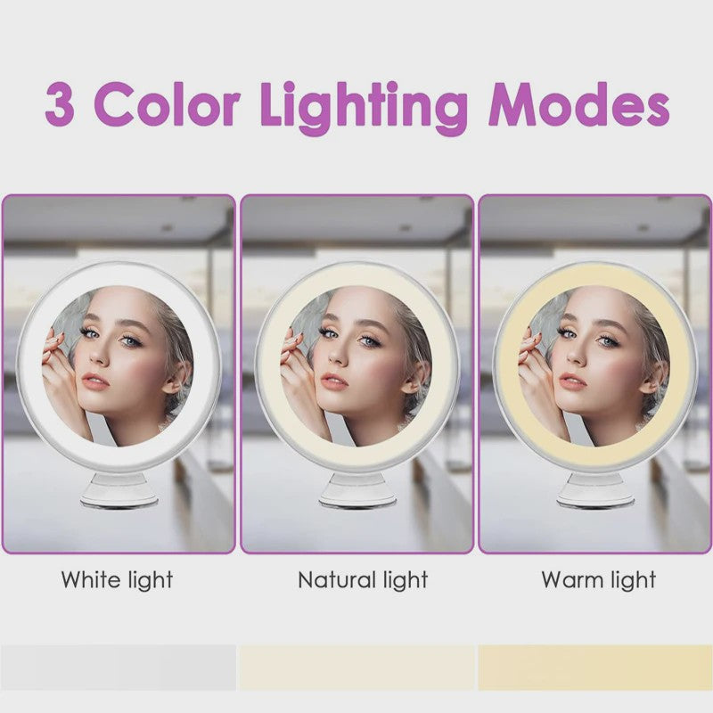Draagbare Make-up Spiegel met 10x Vergroting, 3 Kleuren LED Licht en Zuignap