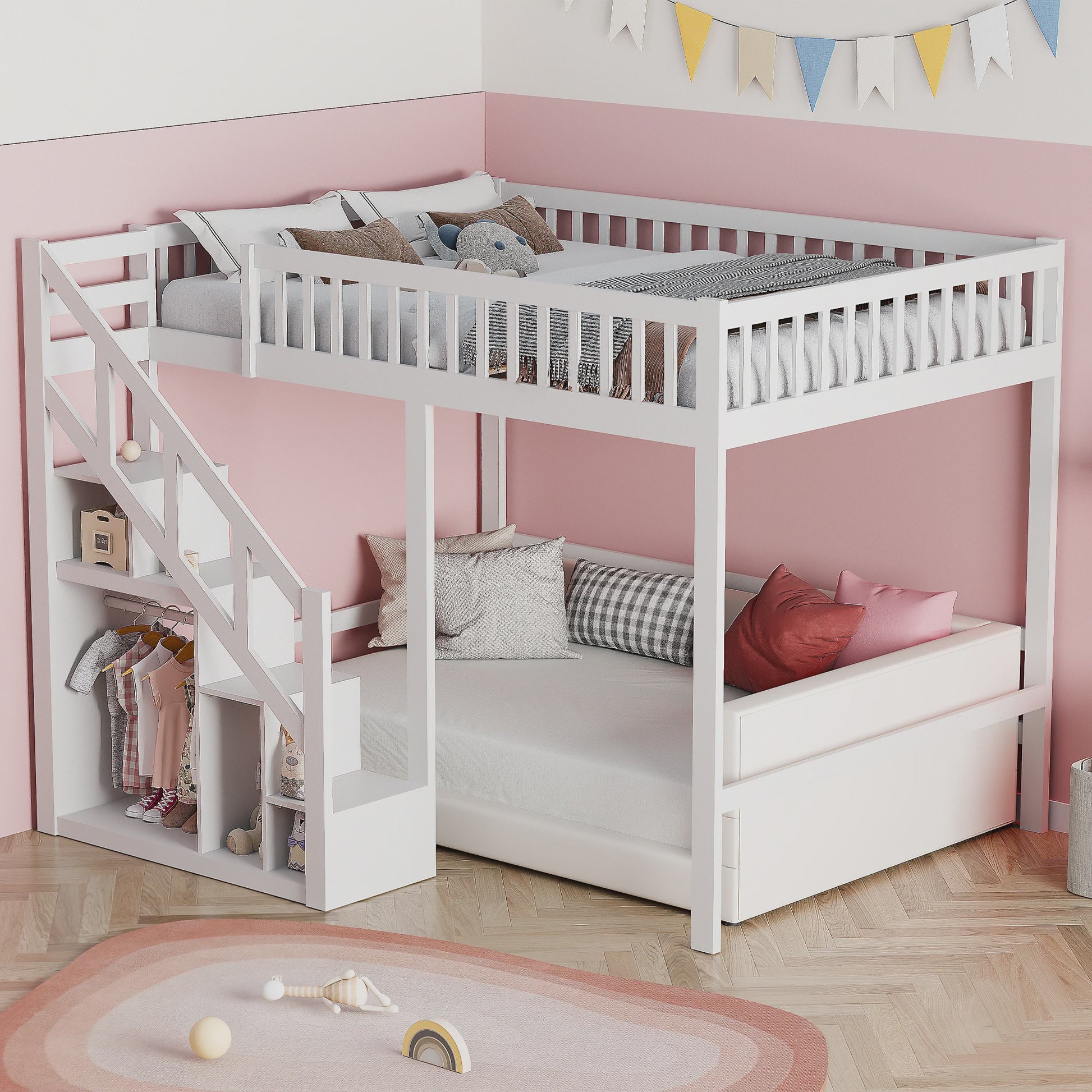 Wit Kinder Hoogslaper met Trap en Opbergkast - 90x200cm - Multifunctioneel Speelbed