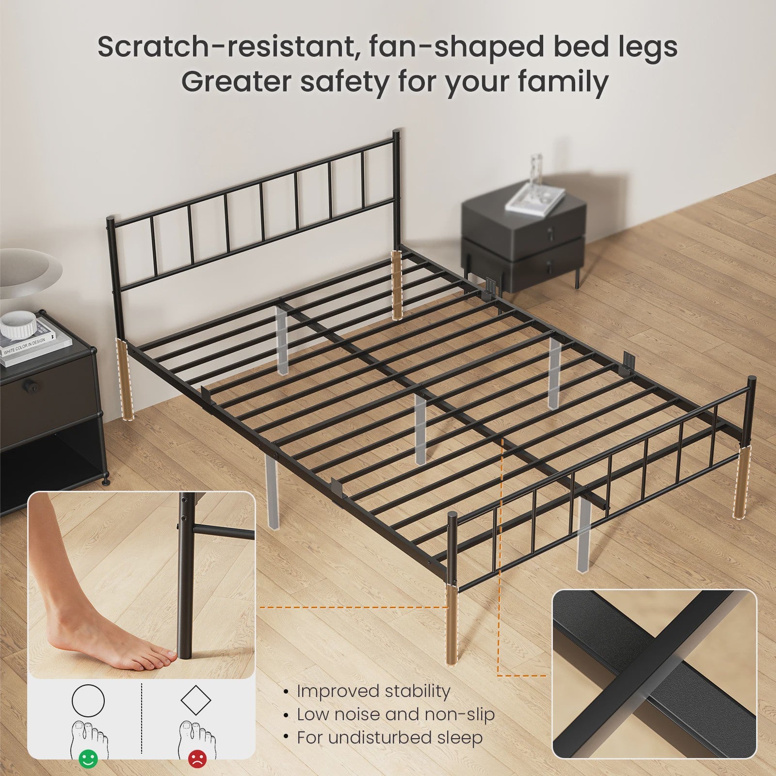 Zwart Metalen Bedframe 140x190cm met Hoofdbord, Voetbord en 32cm Opbergruimte