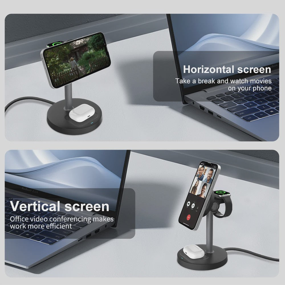 3-in-1 Magnetische Draadloze Oplader Stand voor iPhone, Apple Watch & AirPods - 15W Fast Charge