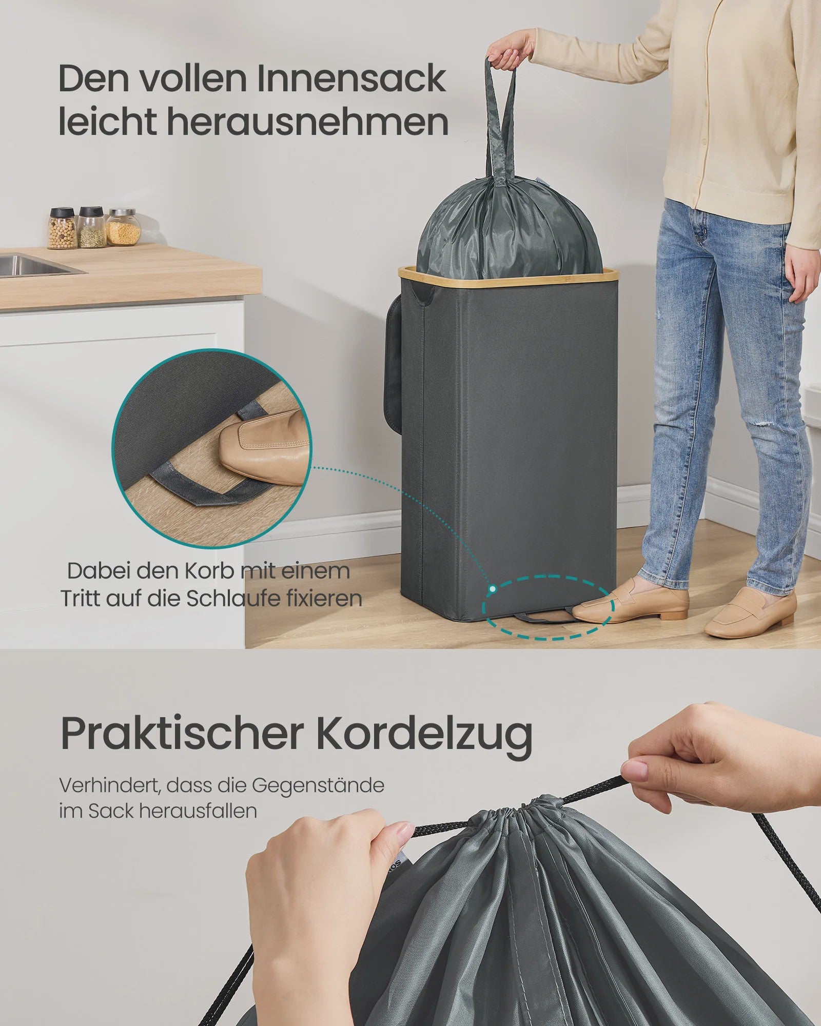 SONGMICS 100L Recycle Container met Deksel en Binnenzak - Grijze Flessenverzamelaar voor de Keuken