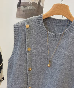 Gebreide Vest Trui Dames - Effen Kleur, Casual & Veelzijdig, Kort Model met Knopen