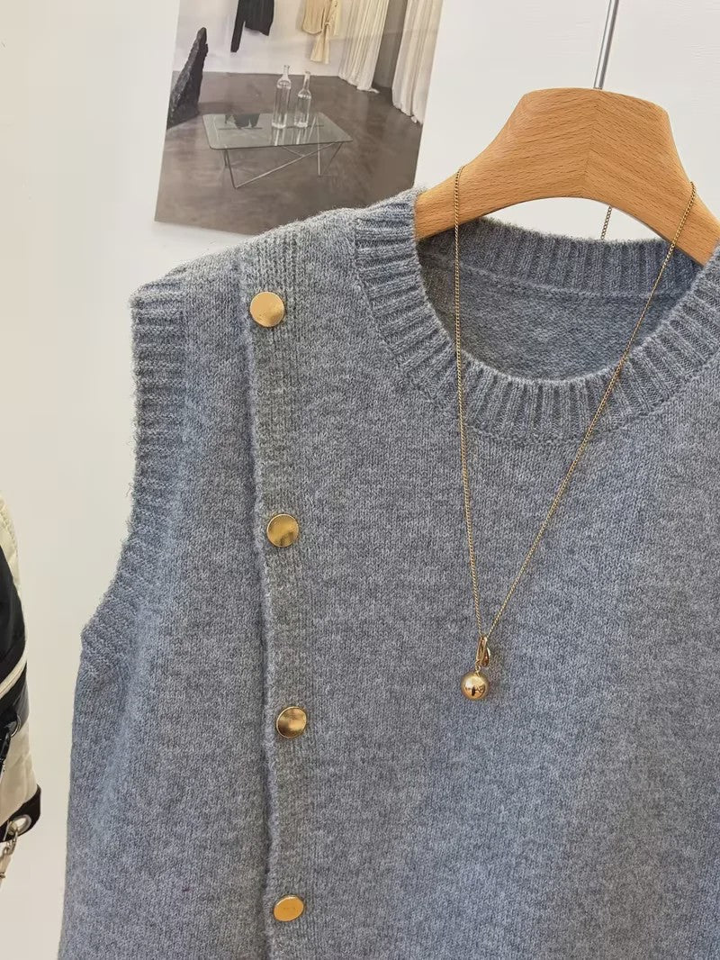 Gebreide Vest Trui Dames - Effen Kleur, Casual & Veelzijdig, Kort Model met Knopen