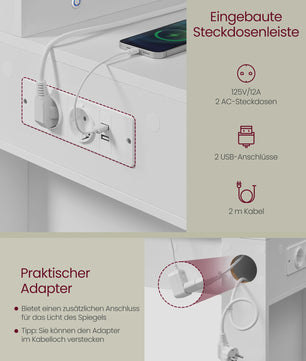 VASAGLE Kaptafel met LED Verlichting, Spiegel, Sieradenkast & Stopcontacten