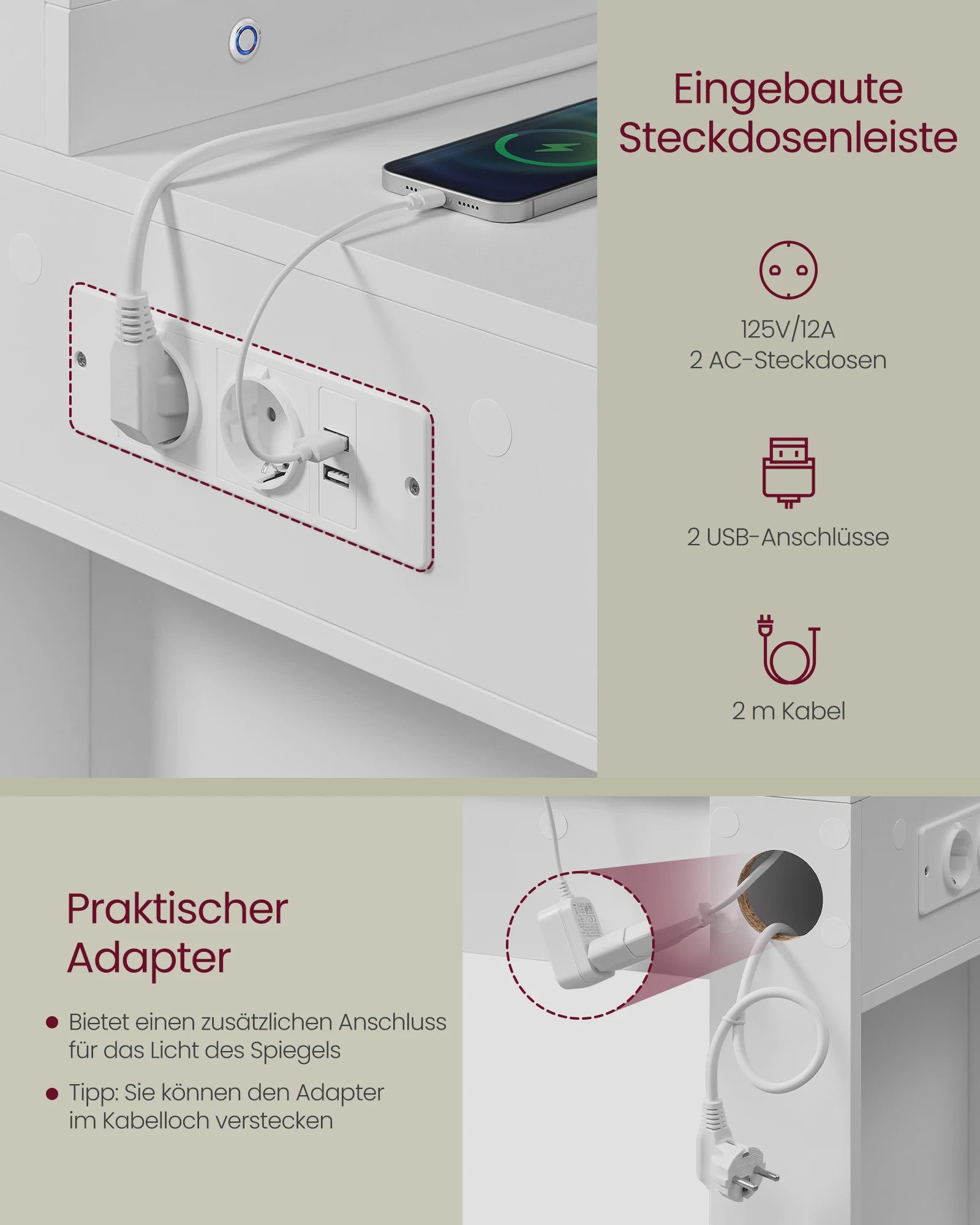 VASAGLE Kaptafel met LED Verlichting, Spiegel, Sieradenkast & Stopcontacten