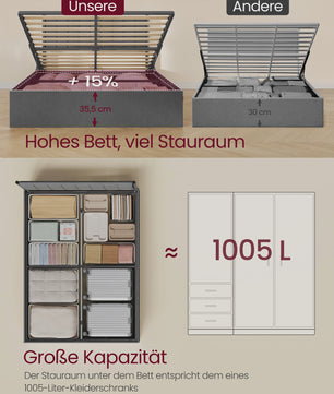 VASAGLE Bedframe 160x200 cm met Opbergruimte, Grijze Hoofdbord en Opklapbaar Lattenbodem