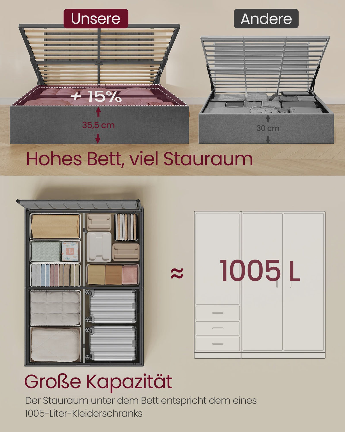VASAGLE Bedframe 160x200 cm met Opbergruimte, Grijze Hoofdbord en Opklapbaar Lattenbodem