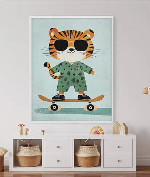 Vrolijke Dieren Canvas Posters - Leeuw, Hond, Beer & Cheetah op Skateboard - Kinderkamer Decoratie