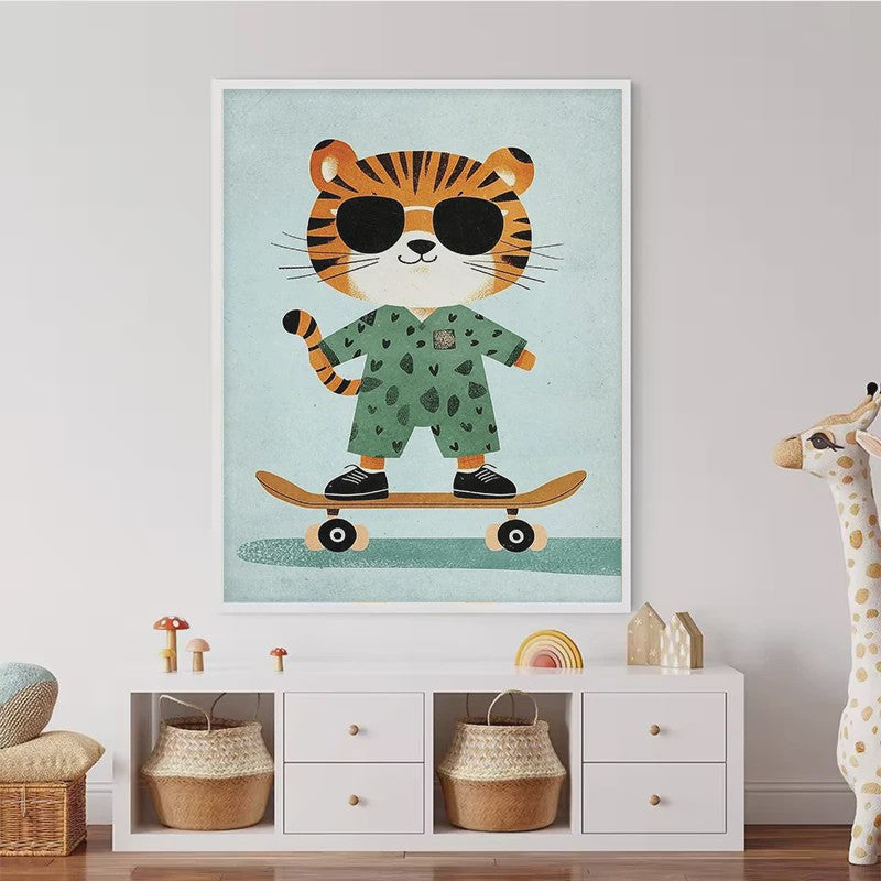 Vrolijke Dieren Canvas Posters - Leeuw, Hond, Beer & Cheetah op Skateboard - Kinderkamer Decoratie