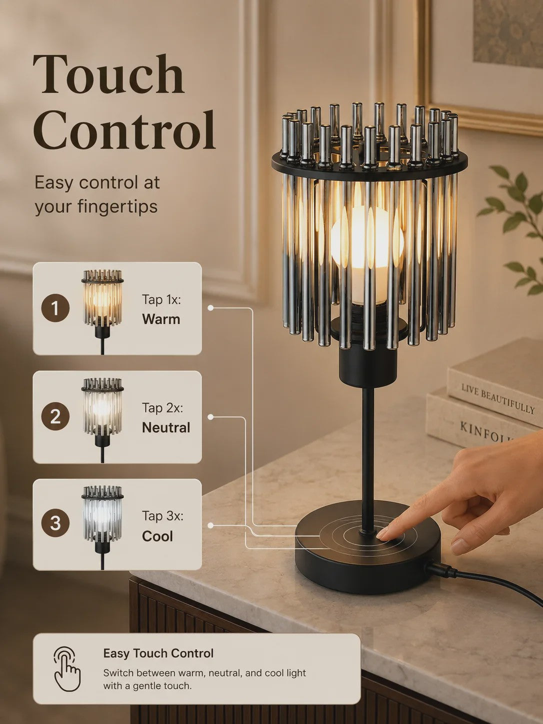 Moderne LED Tafellamp met Glazen Kap - Traploos Dimbaar & USB-C