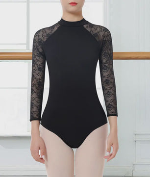 Dames Ballet Dans Leotard met Lange Mouwen, Turtleneck en Kant - Zwart