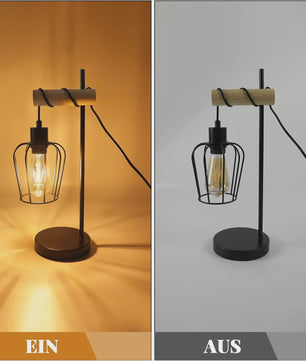 Vintage Industriële Tafellamp met Houten Accent - Zwart Metaal, E27 Fitting