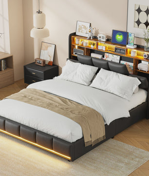 Luxe Gestoffeerd Bed met Hydraulische Opbergruimte, LED Verlichting en Laadstation