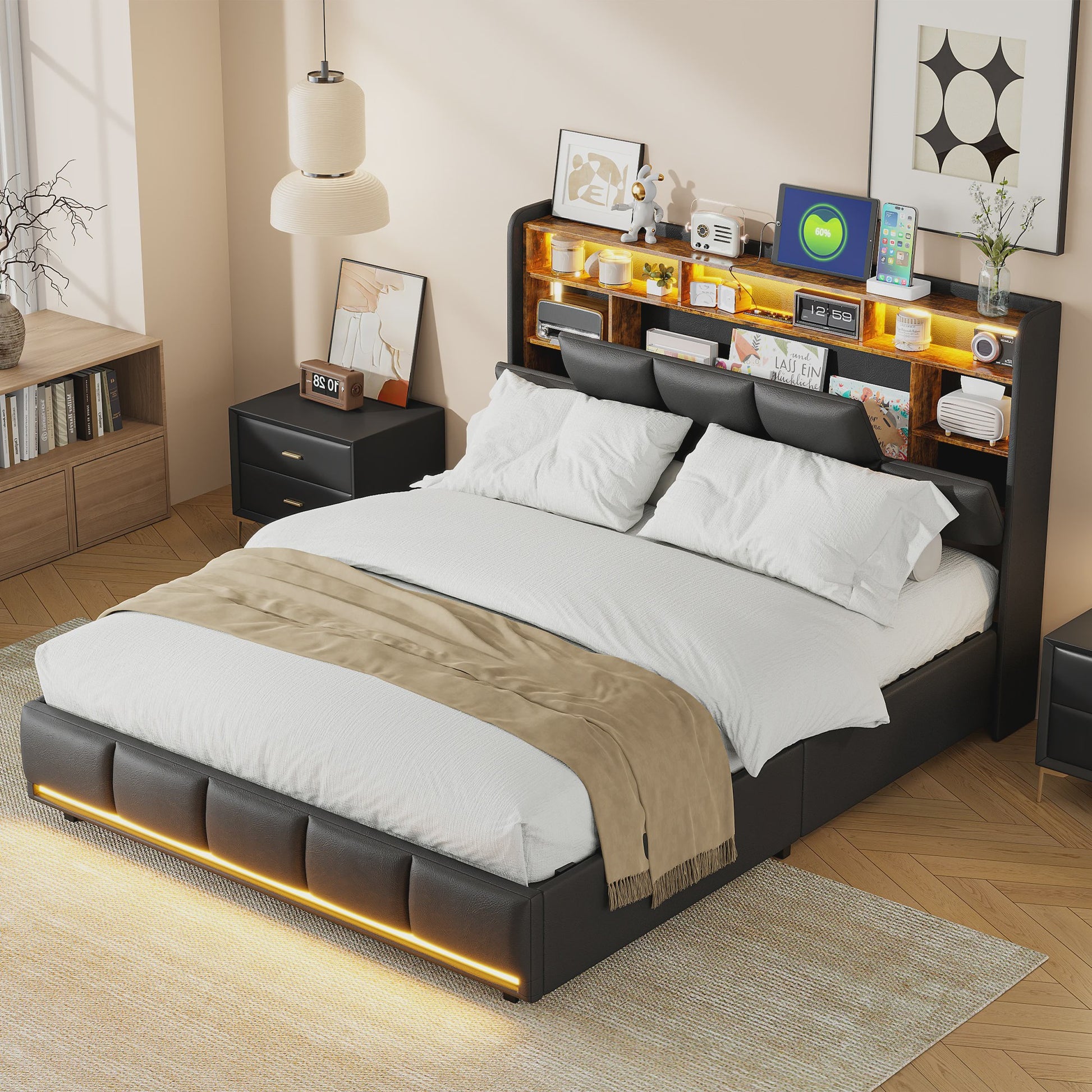 Luxe Gestoffeerd Bed met Hydraulische Opbergruimte, LED Verlichting en Laadstation