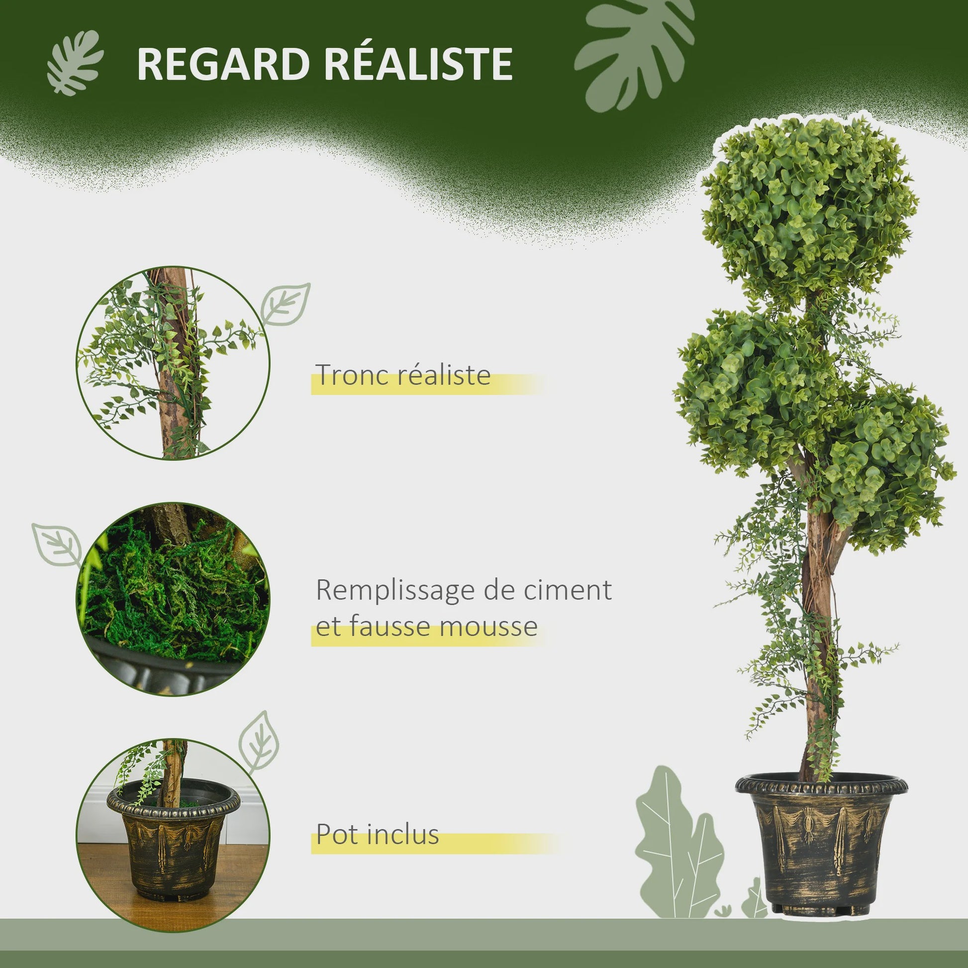 HOMCOM Kunstplant Boom met 3 Bolvormige Toppen (115 cm) in Decoratieve Pot - Geschikt voor Binnen en Buiten