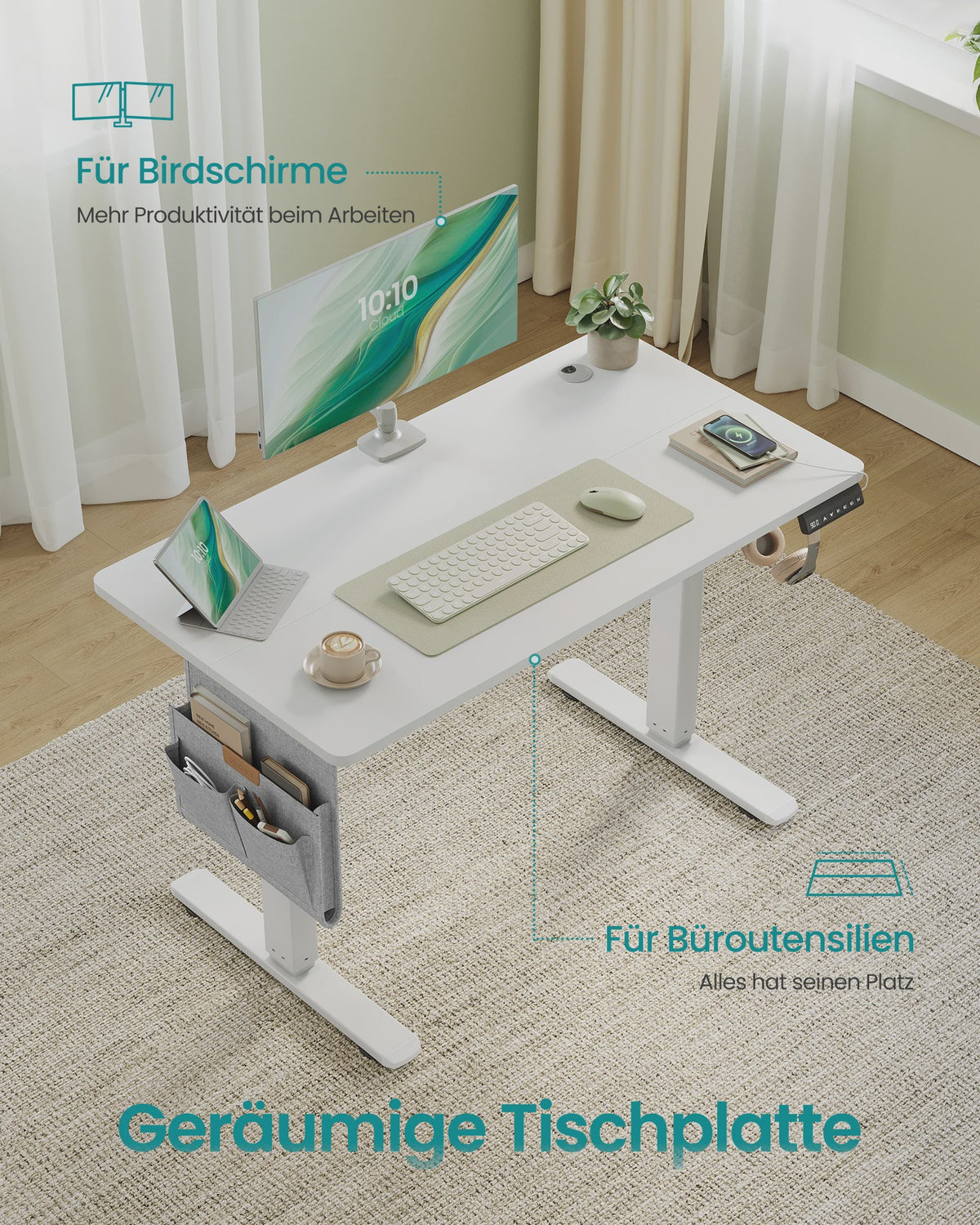 SONGMICS Elektrisch Inhoogte Verstelbaar Bureau 100x60 cm met USB-C en Memory Functie