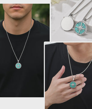 Vnox Heren Turquoise Hanger Ketting - RVS Boxketting, Vintage Stijl