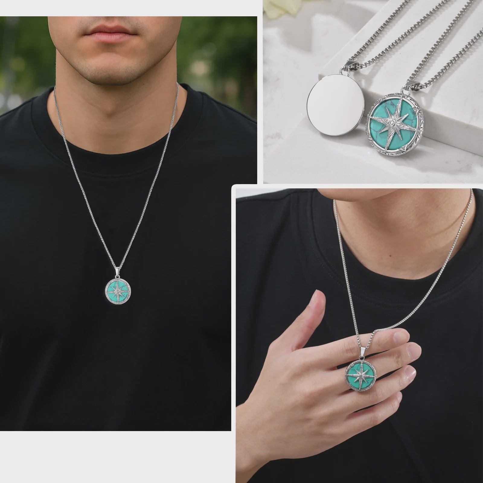 Vnox Heren Turquoise Hanger Ketting - RVS Boxketting, Vintage Stijl