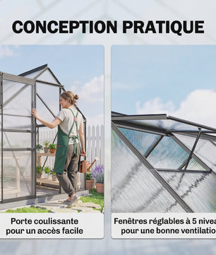 Outsunny Polycarbonaat Aluminium Tuinkas met Fundering - Schuifdeur & Verstelbaar Raam - 190x199 cm
