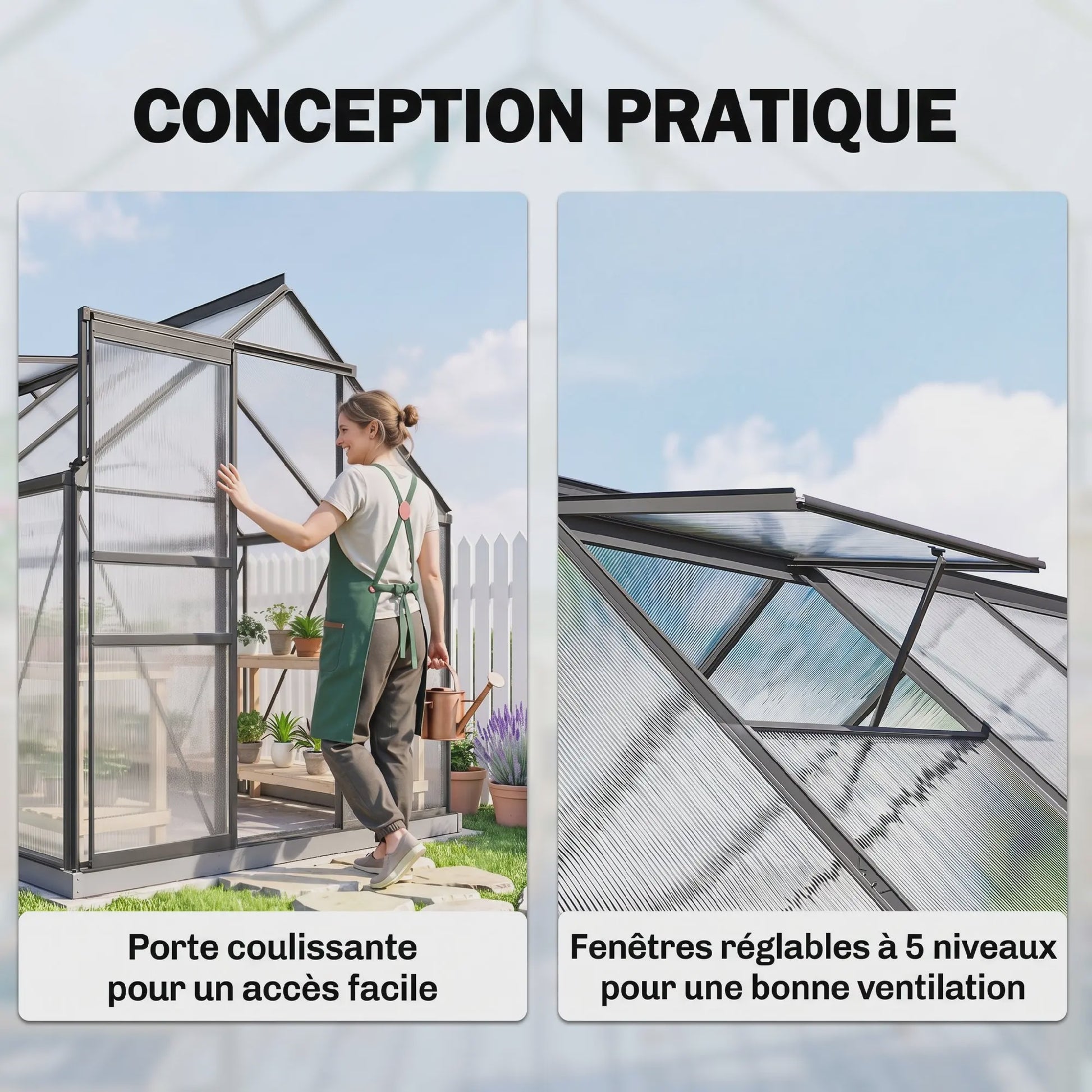 Outsunny Polycarbonaat Aluminium Tuinkas met Fundering - Schuifdeur & Verstelbaar Raam - 190x199 cm