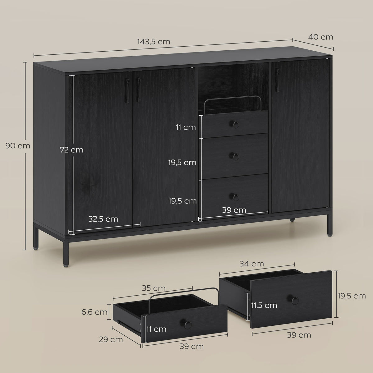 Homcom Sideboard Woonkamer met Deuren, Lade en Open Vakken - Stijlvolle Opbergkast