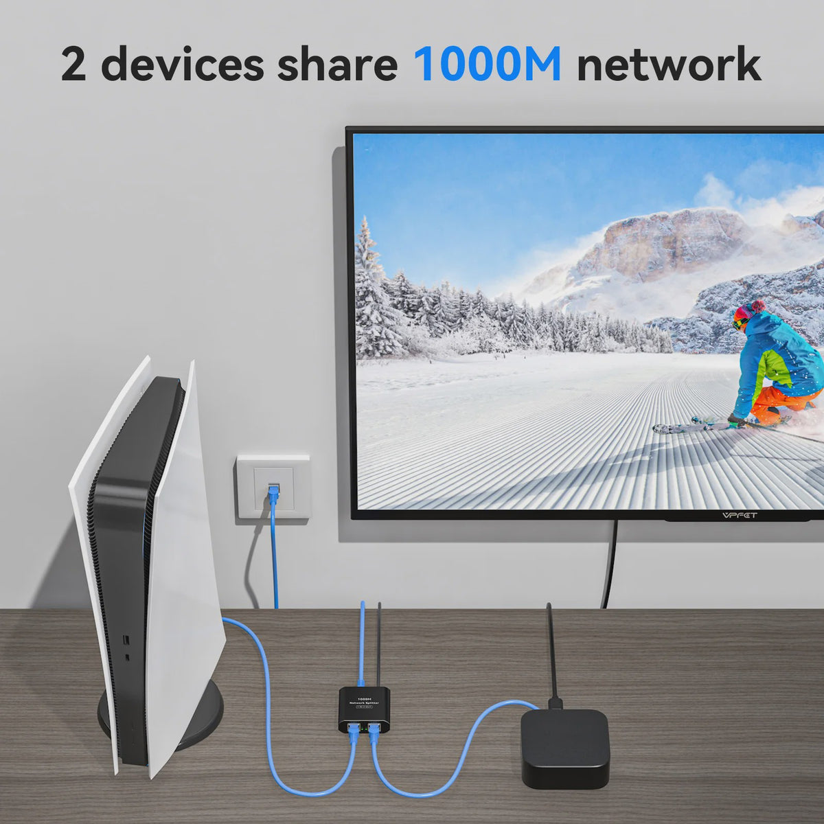 Gigabit RJ45 Netwerk Splitter 1000 Mbps (1-in-2-uit) met USB-C Voeding