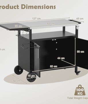 Outdoor Keuken Eiland Grill Cart met Opbergruimte en Inklapbaar RVS Werkblad - Zwart