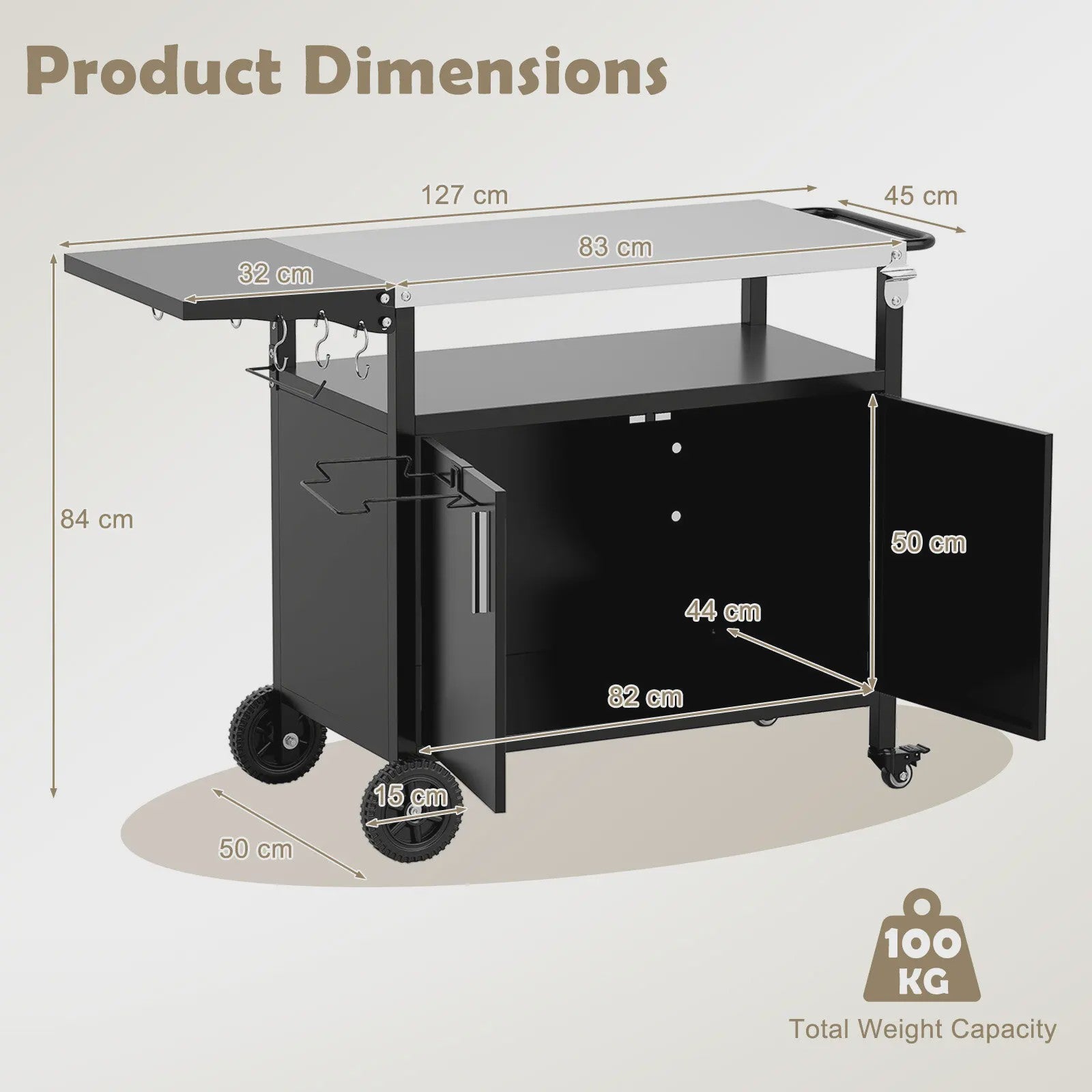 Outdoor Keuken Eiland Grill Cart met Opbergruimte en Inklapbaar RVS Werkblad - Zwart