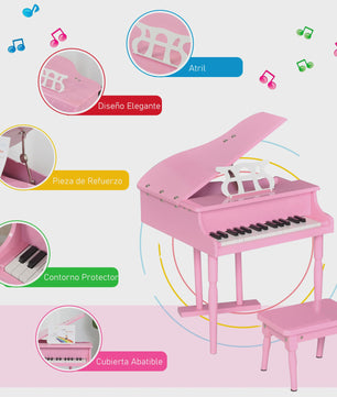 Homcom Grand Piano with Stand Stool Wooden Musical Toy 52X50X49 cm