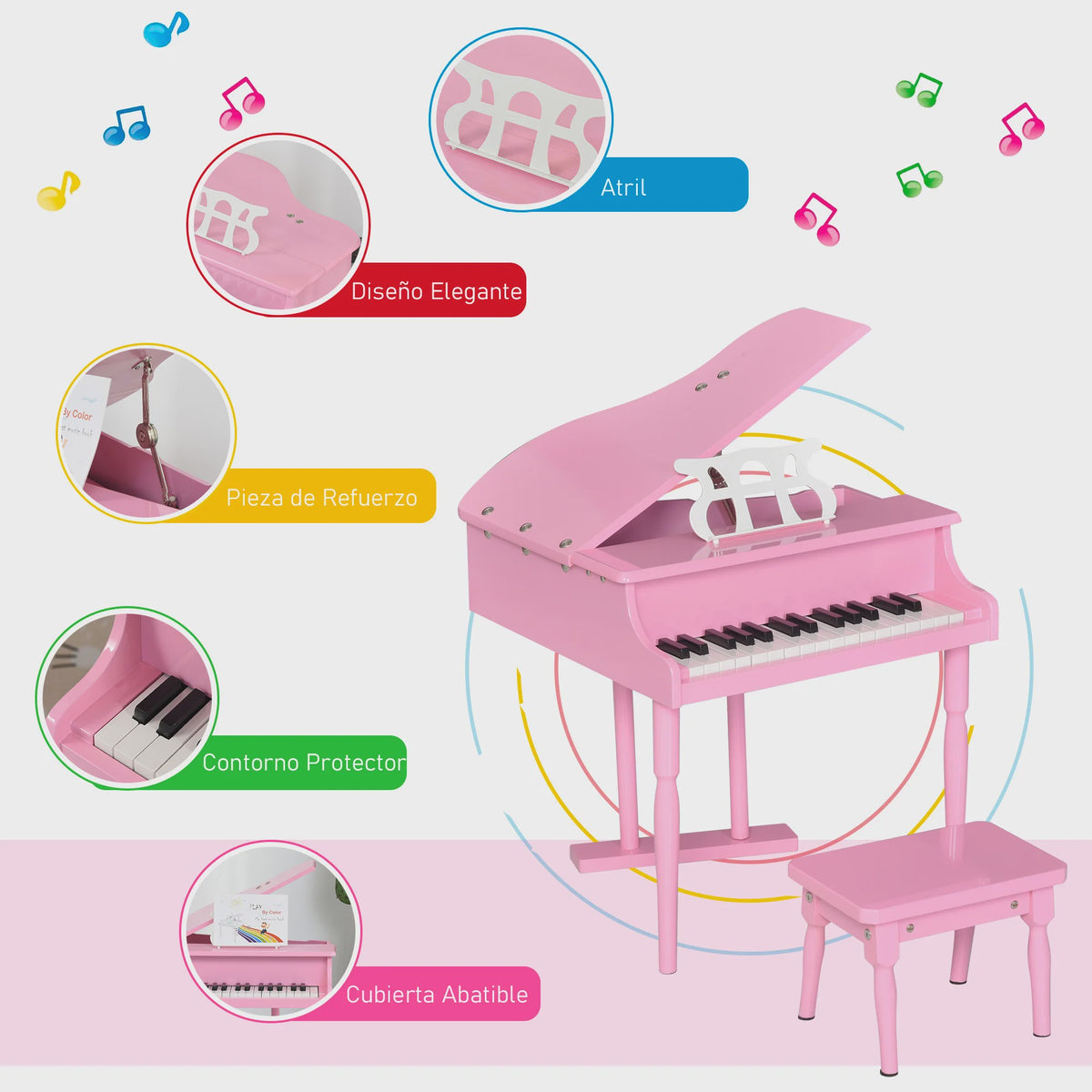 Homcom Grand Piano with Stand Stool Wooden Musical Toy 52X50X49 cm