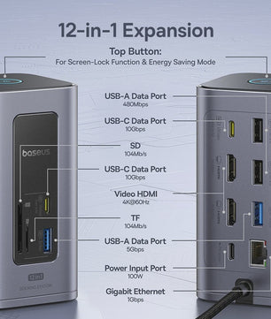 Baseus 12-in-1 USB-C Docking Station: 4K HDMI, Dual Display, RJ45, PD 100W