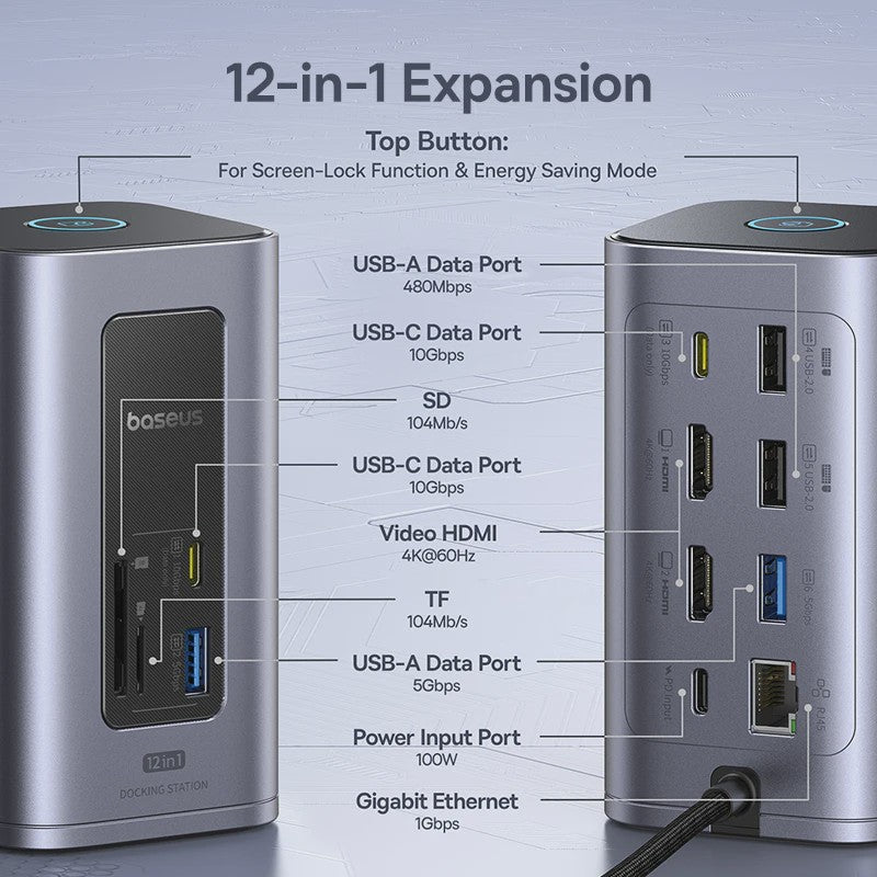 Baseus 12-in-1 USB-C Docking Station: 4K HDMI, Dual Display, RJ45, PD 100W