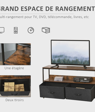 HOMCOM Furniture TV low on legs industrial Style 2 drawers in gray MDF fabric rustic brown and black metal