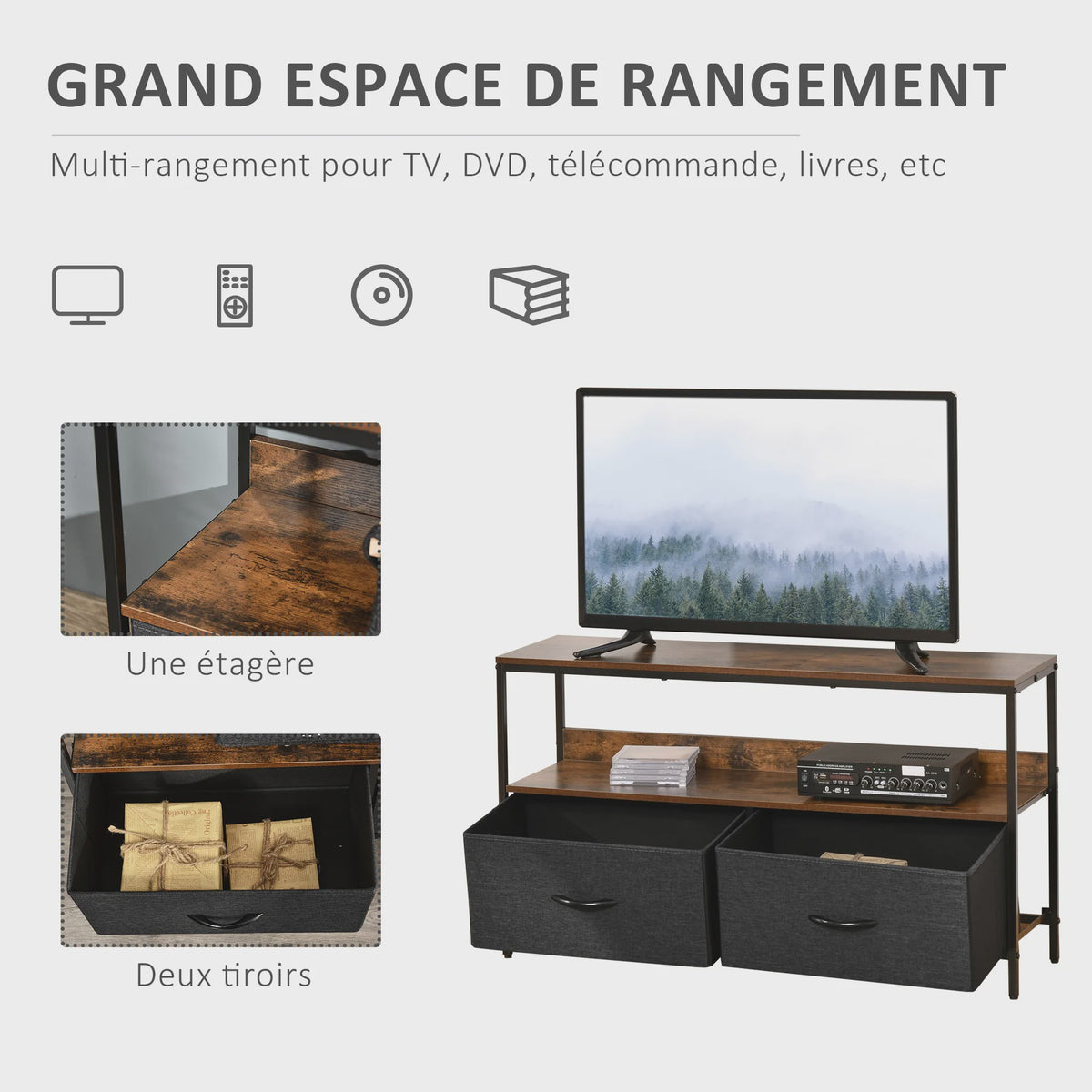 HOMCOM Furniture TV low on legs industrial Style 2 drawers in gray MDF fabric rustic brown and black metal