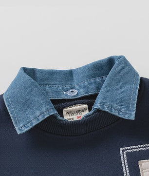 Sweatshirt Jongens met Denim Kraag en Patchzak - Casual Kinder Pullover