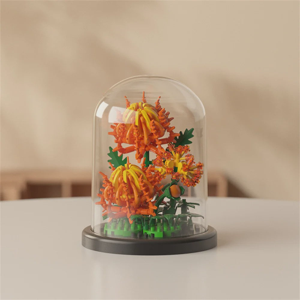 Bloemen Boeket Bonsai Bouwstenen Set - Decoratieve Miniatuur Plant in Glazen Koepel