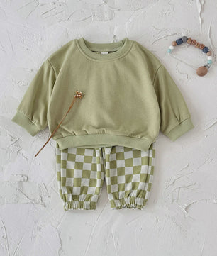 Baby Kleding Set: Comfortabele Longsleeve Top & Schakakbord Broek - Herfst Collectie