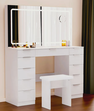 Luxe Kaptafel met LED Verlichting, 11 Lades en Ingebouwde Stopcontacten - Wit