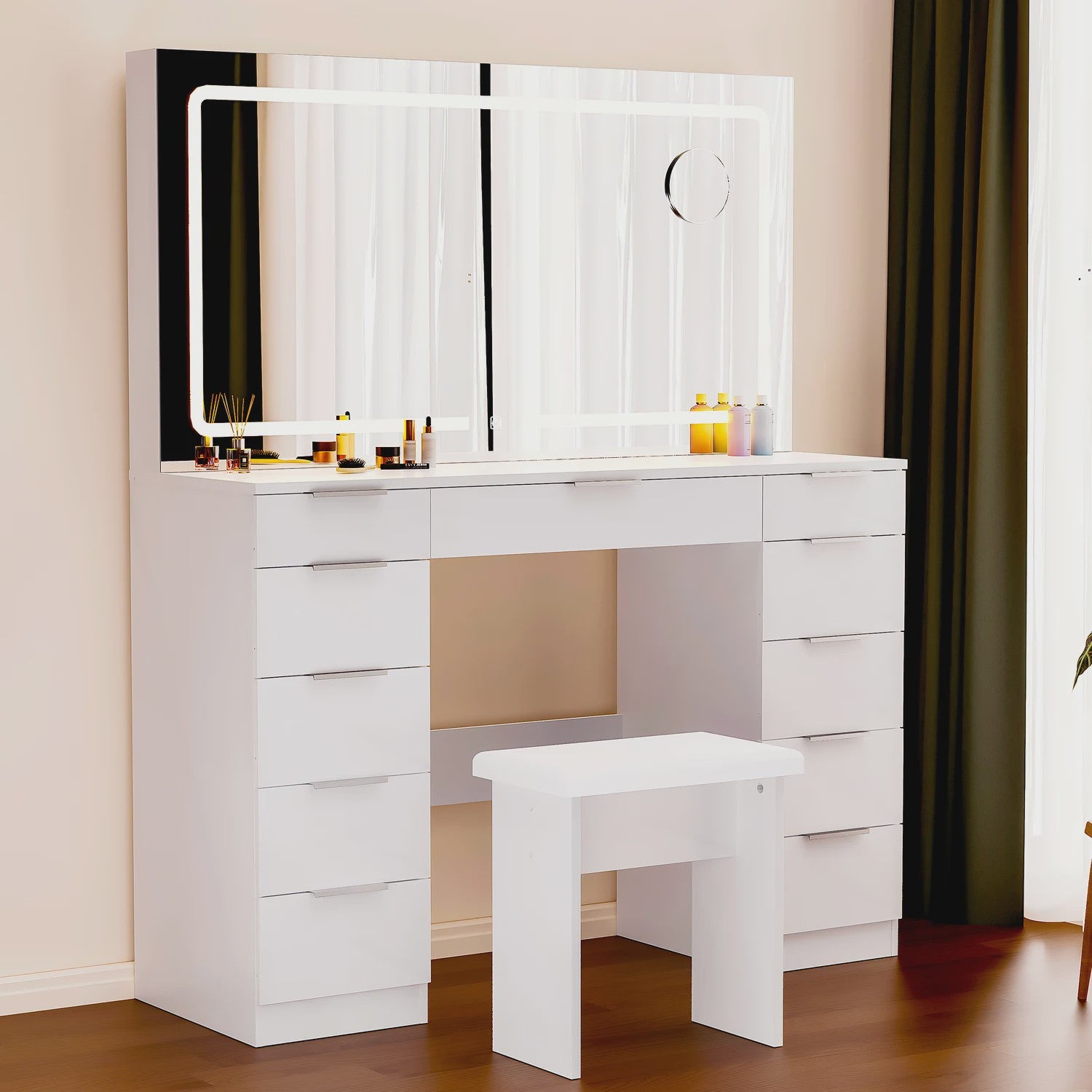 Luxe Kaptafel met LED Verlichting, 11 Lades en Ingebouwde Stopcontacten - Wit