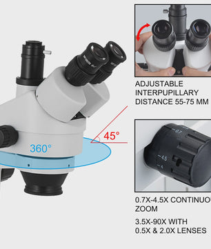 Trinocular Stereo Microscoop 3.5X-90X met Camera Aansluiting en Verstelbare Arm