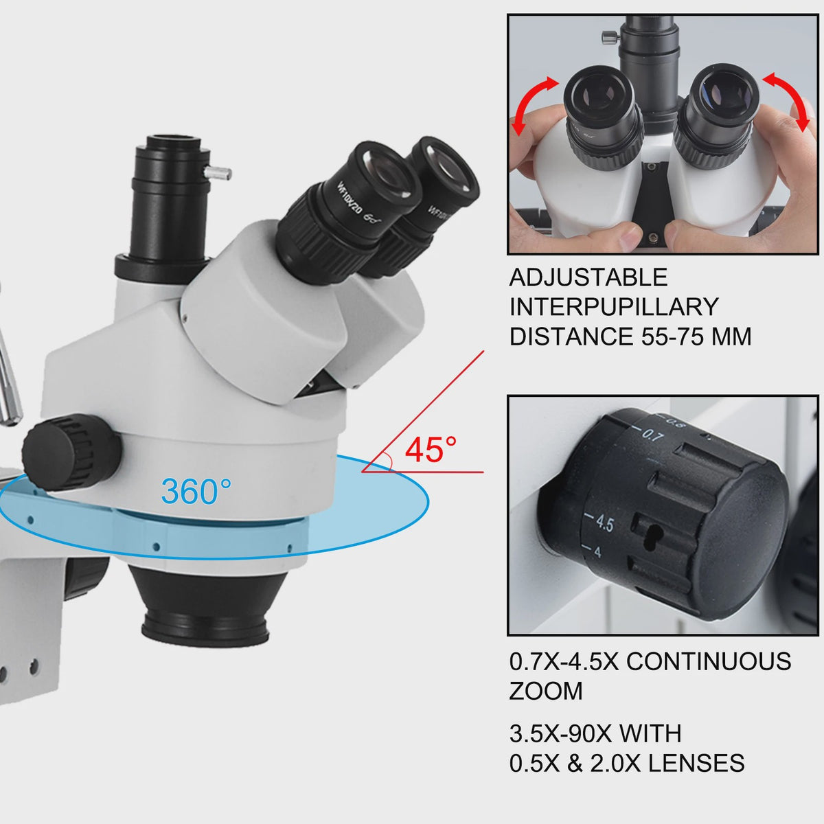Trinocular Stereo Microscoop 3.5X-90X met Camera Aansluiting en Verstelbare Arm