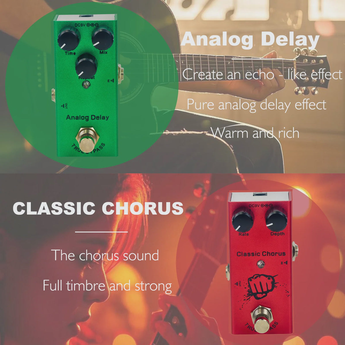 Veelzijdige Gitaarpedaal: Overdrive, Distortion, Chorus, Delay, Tremolo & Analog Delay met True Bypass