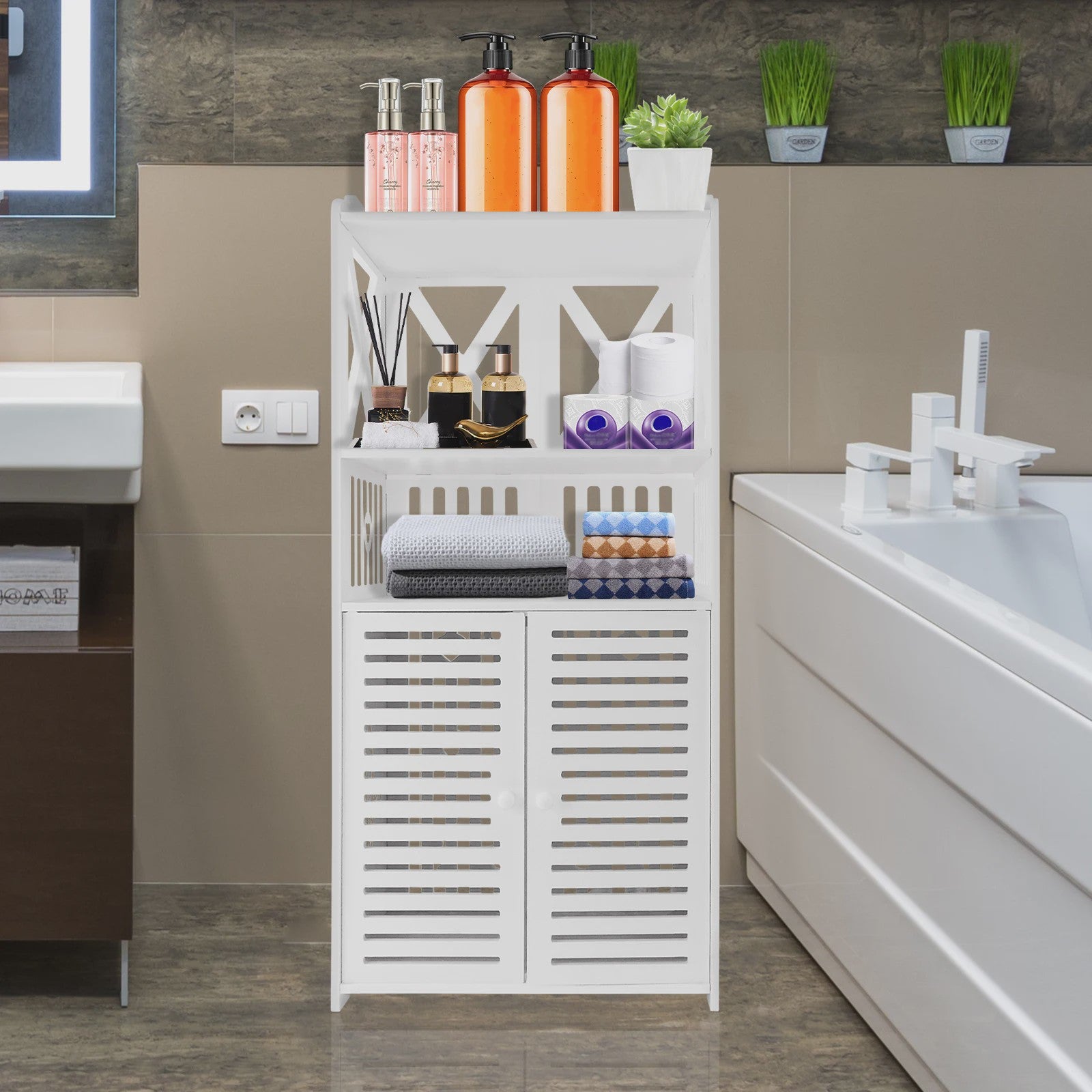 PVC Badkamerkast Waterdicht met Dubbele Deuren en 3 Planken - Wit