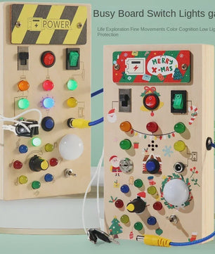 Houten Montessori Busy Board met LED Lichtjes en Schakelaars - Educatief Kinderspeelgoed voor Ontwikkeling en Reisplezier