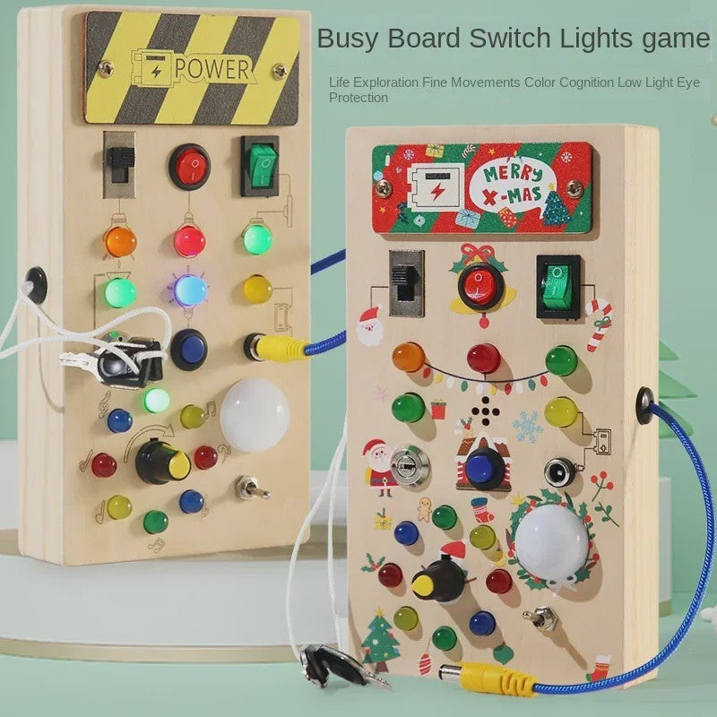 Houten Montessori Busy Board met LED Lichtjes en Schakelaars - Educatief Kinderspeelgoed voor Ontwikkeling en Reisplezier
