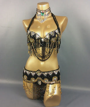 Dames Buikdans Set: Luxe Beaded Bh & Heupsjaal met Franjes