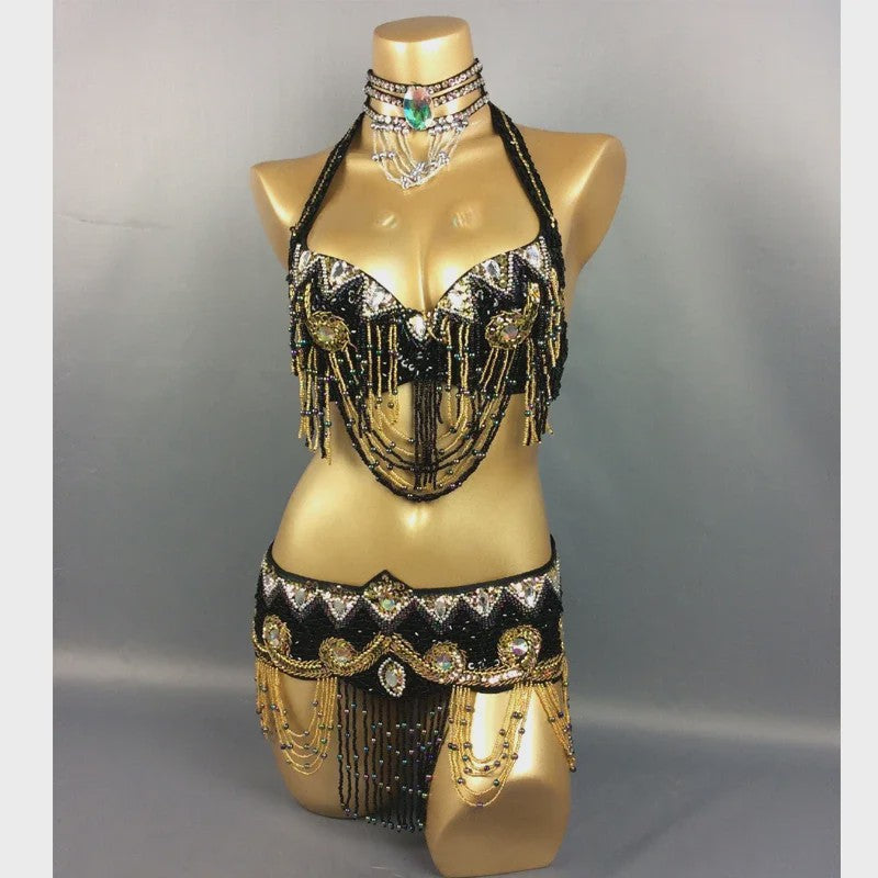Dames Buikdans Set: Luxe Beaded Bh & Heupsjaal met Franjes