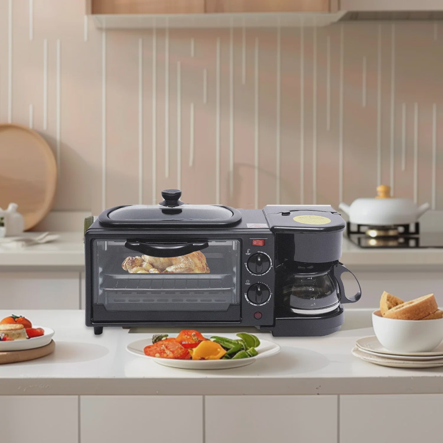 Multifunctionele Ontbijt Machine: Koffiezetter, Oven, Bakplaat & Broodrooster