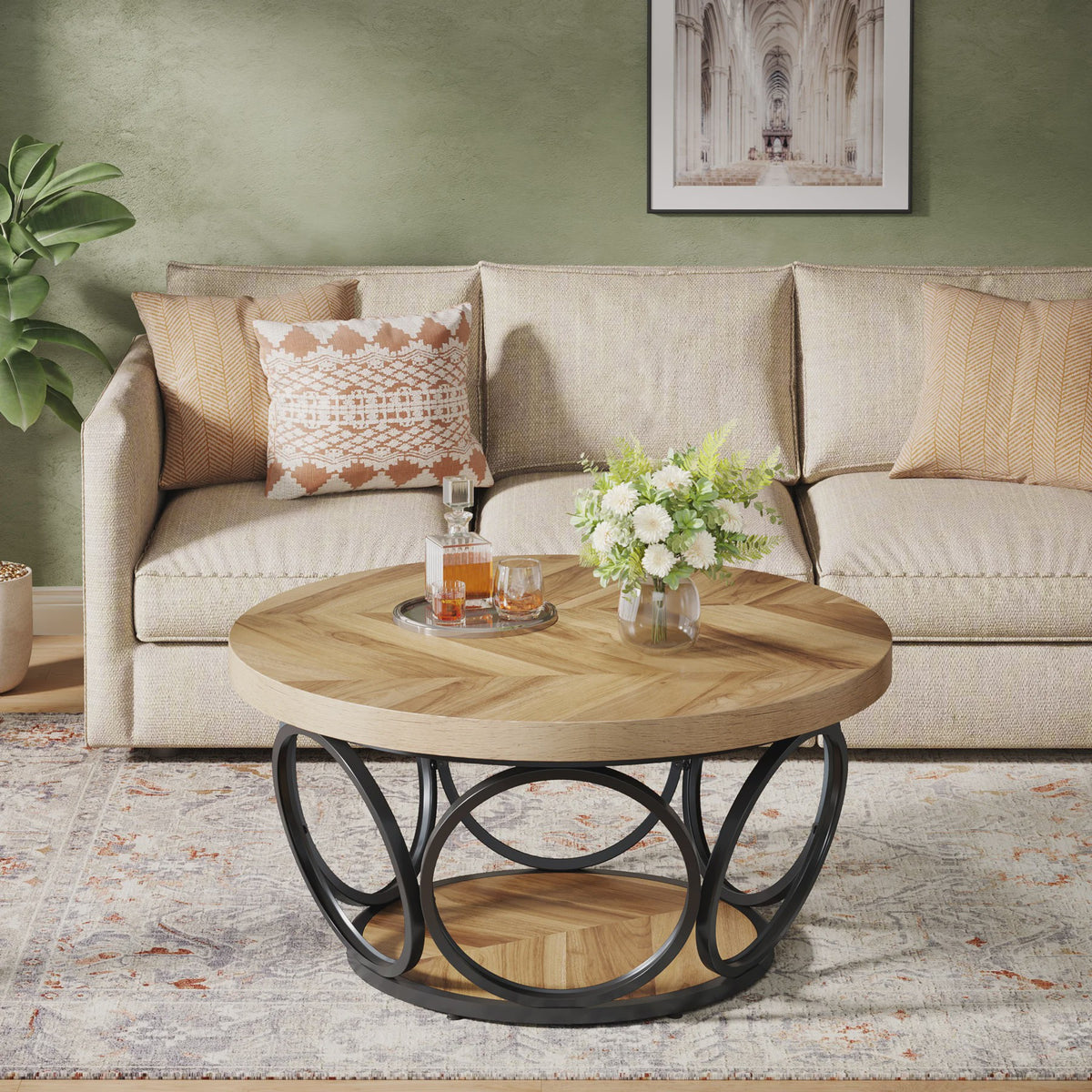Ronde Houten Salontafel 80cm met 2-Laags Opbergruimte - Landhuisstijl
